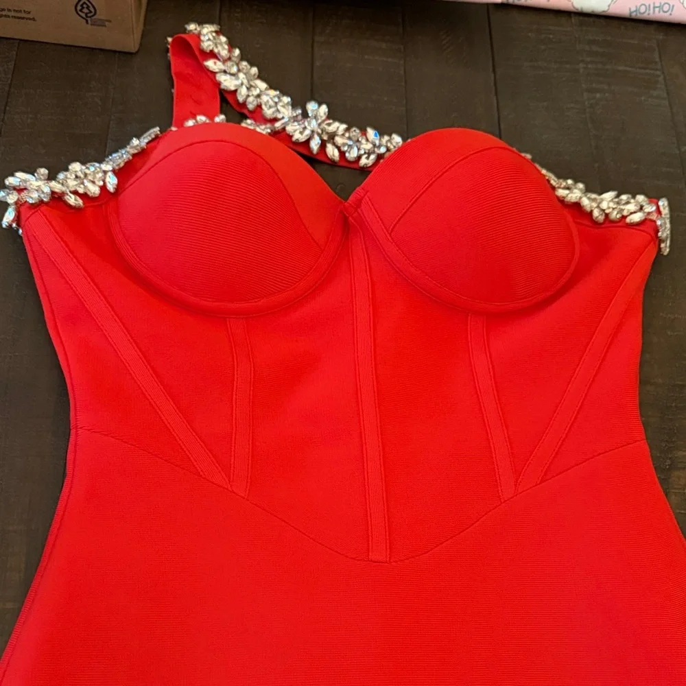 One-Shoulder Red Rhinestone Accent Dress - Picture 5 of 13